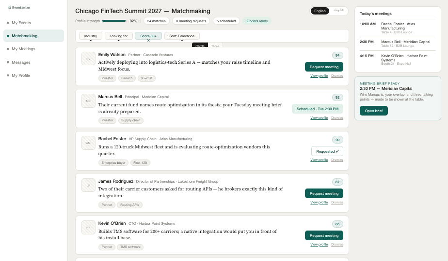 Eventorize AI matchmaking: a list of intent-scored attendee matches, each with the reason for the match and a meeting request.