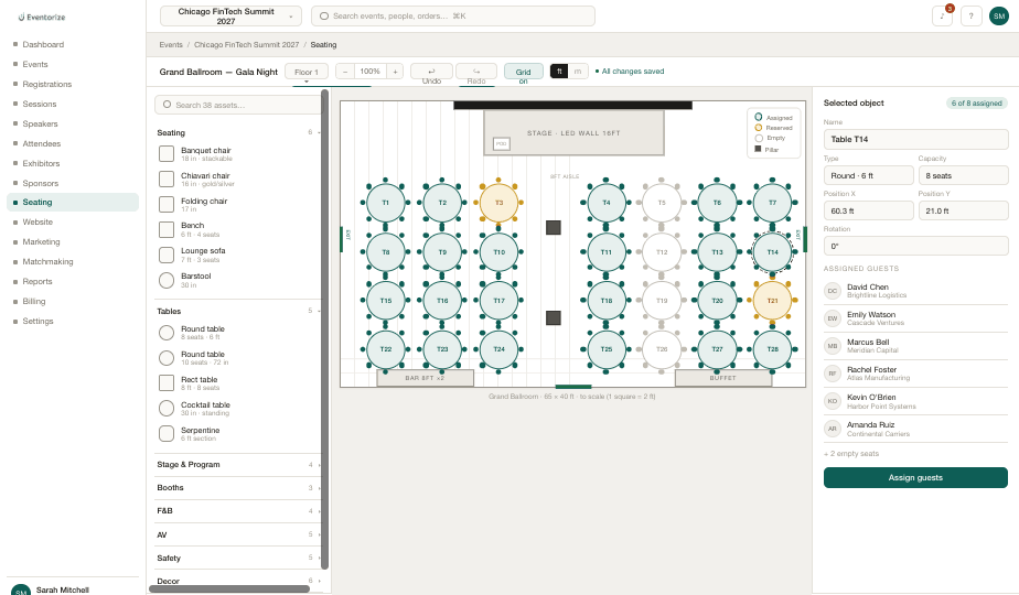 Eventorize seating map: a to-scale venue floor plan with banquet tables laid out and guests assigned to seats.