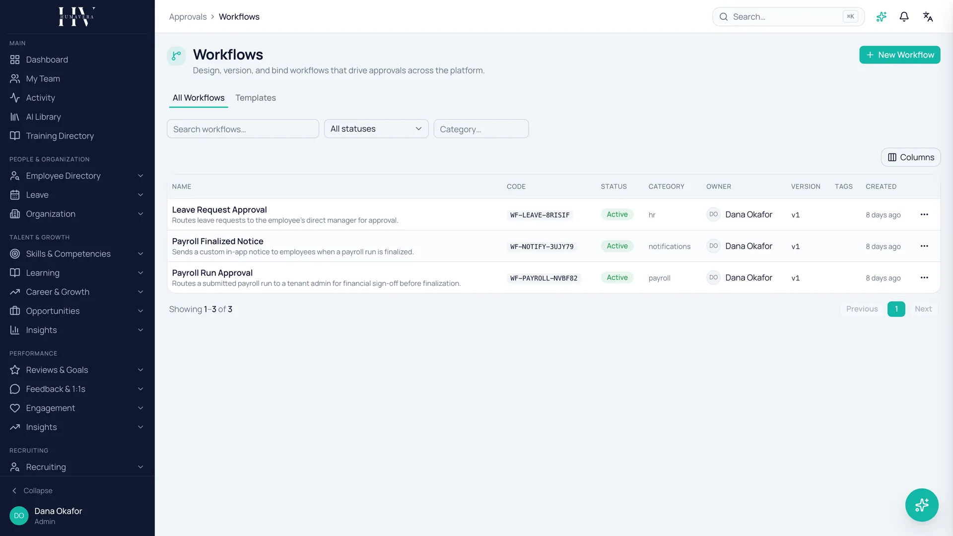 Humavera approval workflow list, showing routing rules for leave requests and payroll sign-offs with their versions and status.