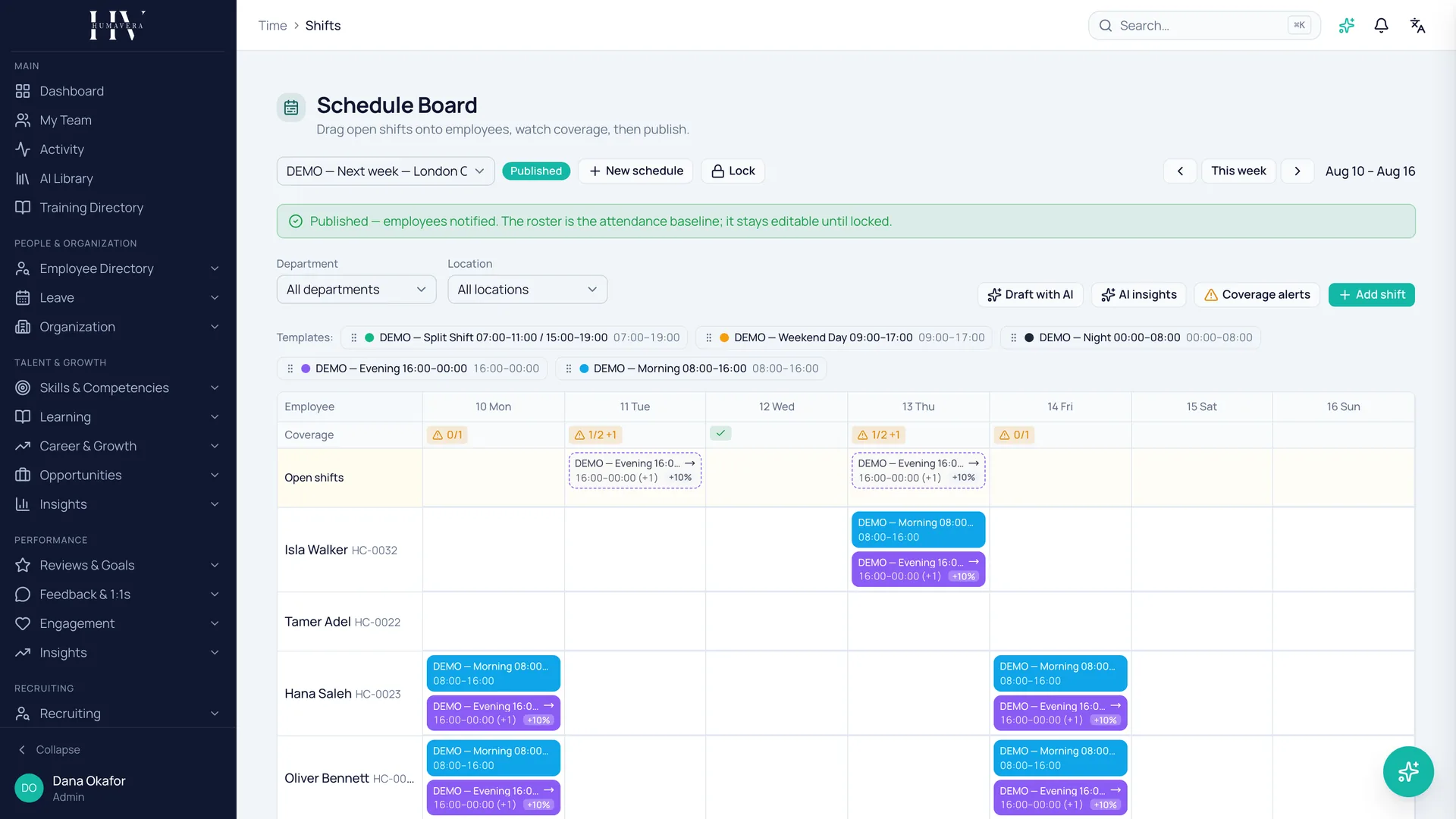 Humavera schedule board: open shifts assigned to employees across a weekly roster, with live coverage indicators.